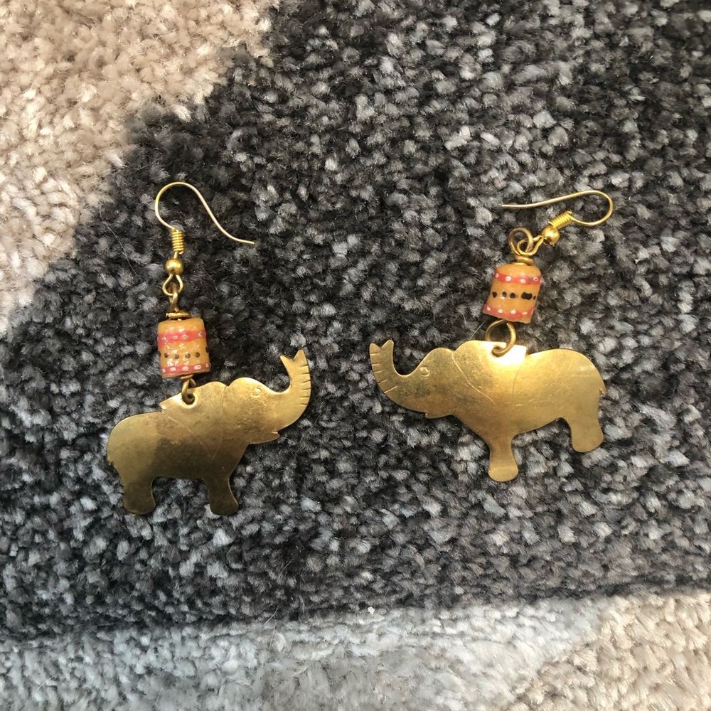 Brass Elephant Earrings with Beaded Accent